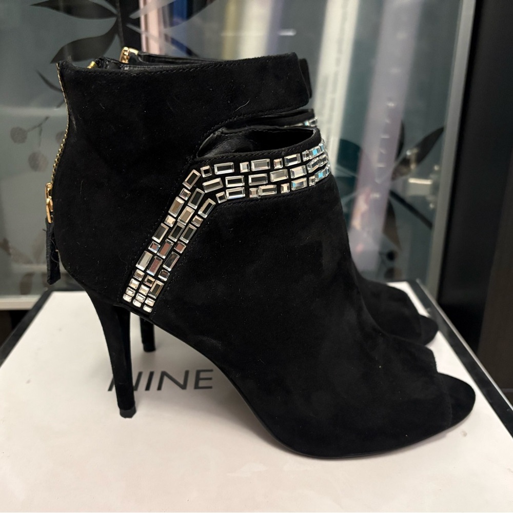Nine West Black Suede Open-toe High Heel Booties Boots Rhinestone Size 6.5
